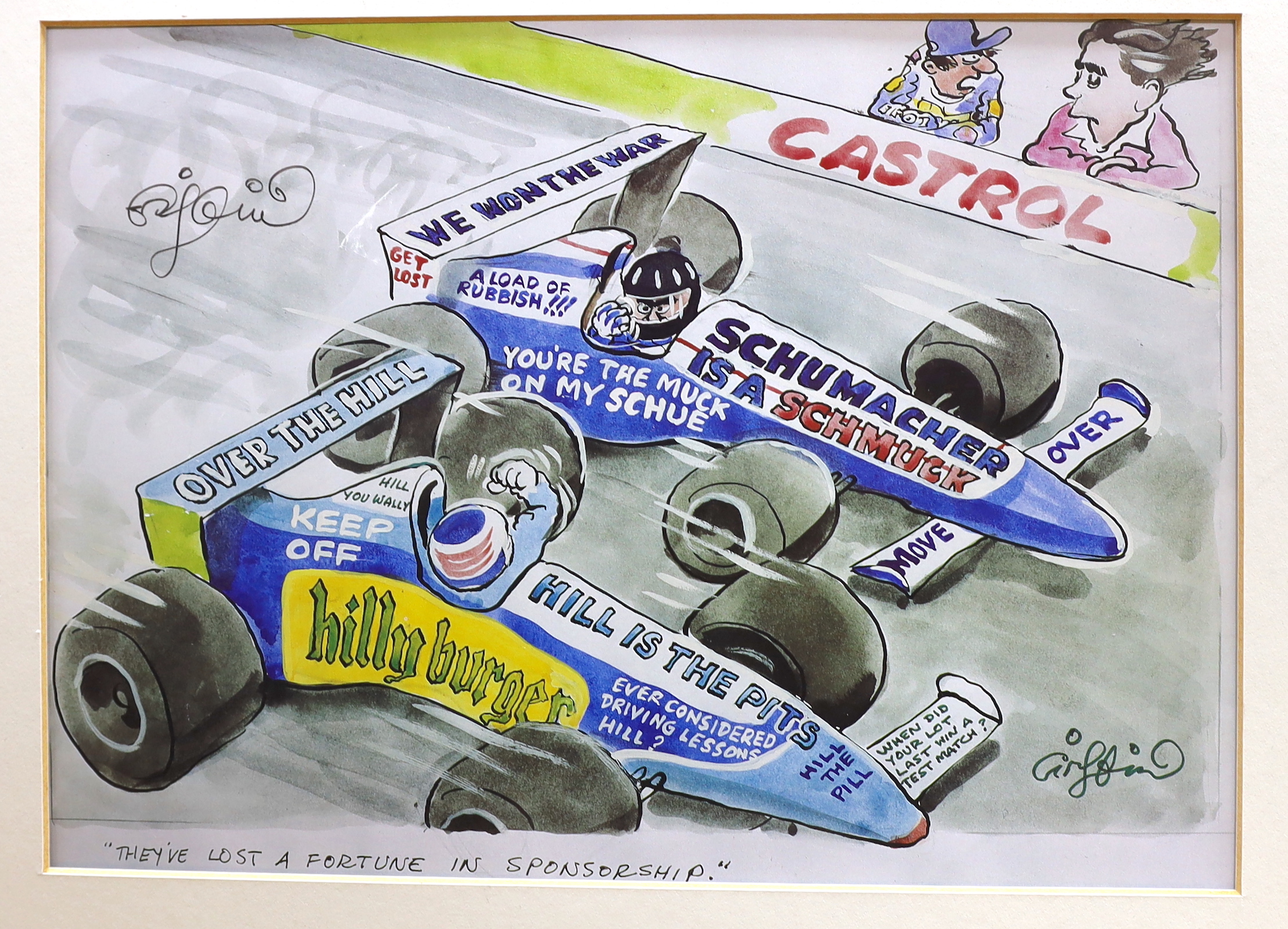 Alan Stammers (20th. C), pencil signed limited edition print, 1996 Damien Hill, Williams Renault, together with a colour photograph and another print, largest 80 x 85cm